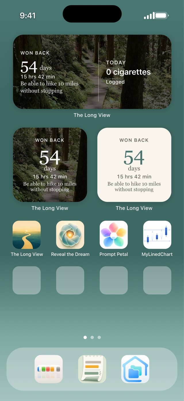An iPhone home screen with The Long View's widgets: the medium widget with 54 days won back, the reason, and today's count of zero cigarettes, logged, and two small widgets below it, one over the photo and one on a plain background.