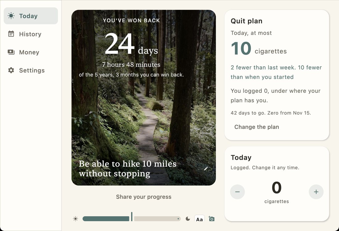 The Long View on Linux: the Today screen, with the time won back over a photo of a forest path, the quit plan and today's check-in.