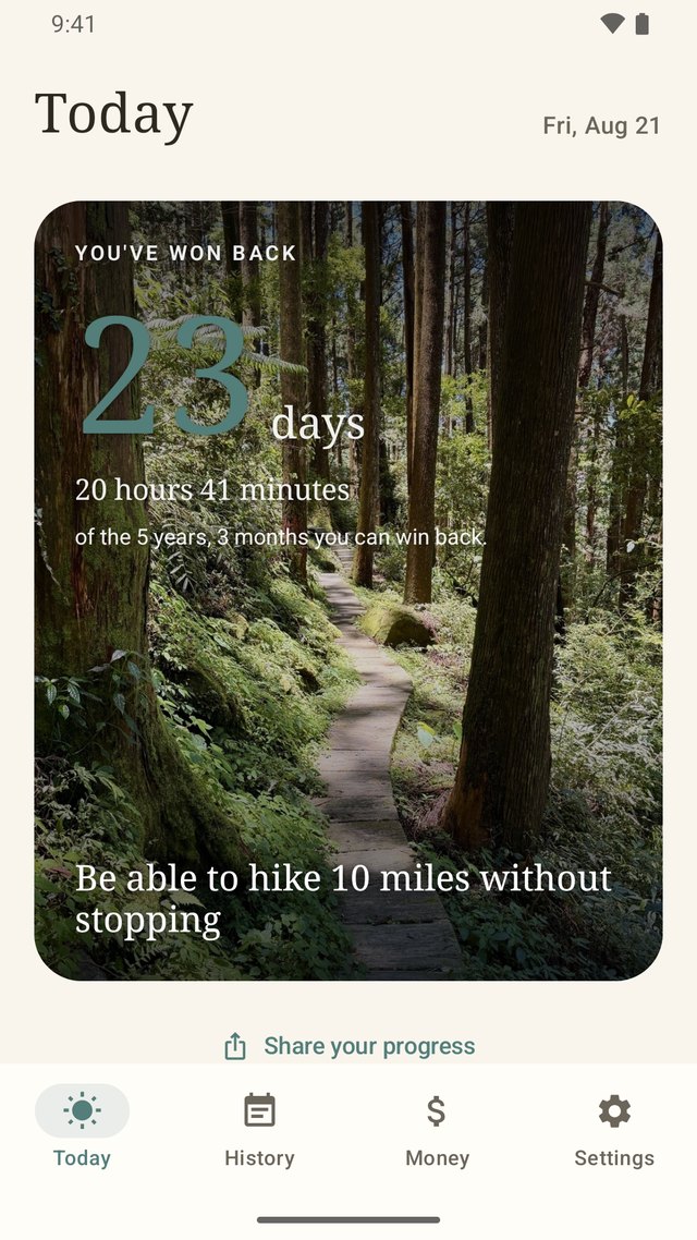 The same Today screen on Android: 23 days won back, and the same quit plan as the iPhone app.