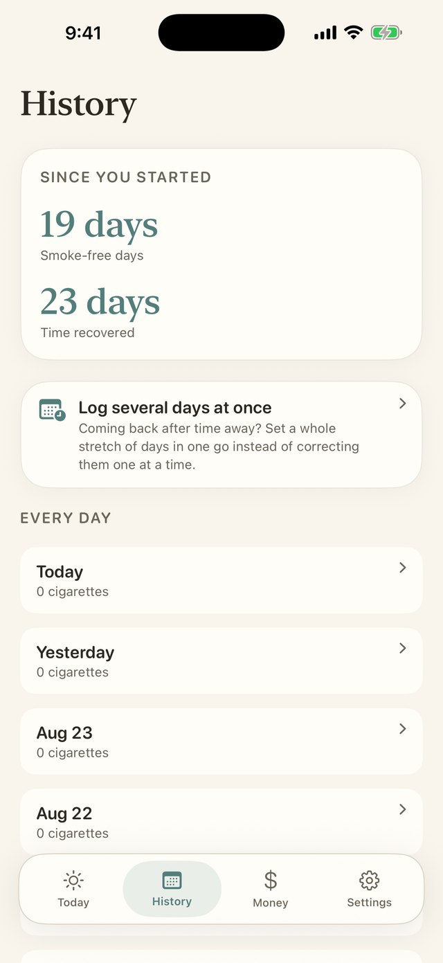 The history screen: 19 smoke-free days and 23 days of time recovered, above a list of every day with the cigarettes recorded against it.