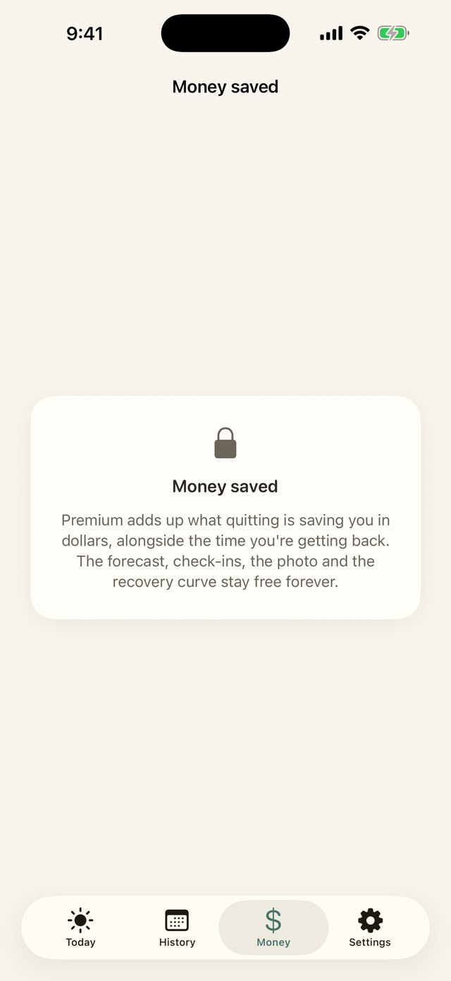 The Money screen without a subscription: a locked card explaining that Premium adds up what quitting is saving you, and that the estimate, check-ins, the photo and the recovery curve stay free forever.