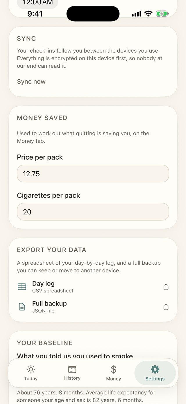 Settings: sync between your devices, encrypted first; the price per pack used to work out money saved; and export as a CSV day log or a full JSON backup.