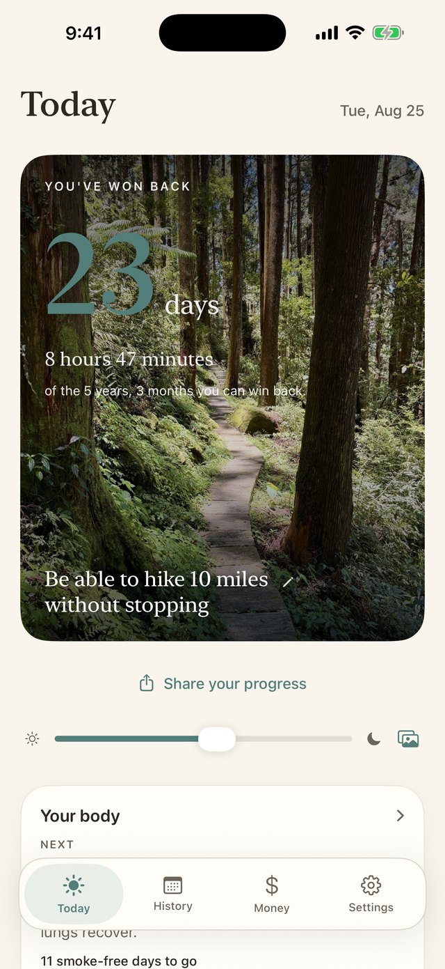 iPhone. The Today screen: 23 days won back, of 5 years and 3 months that can be won back, set over the photo of the reason for quitting, with a Share your progress button, a slider for how readable the number is on the photo, and the next health milestone below.